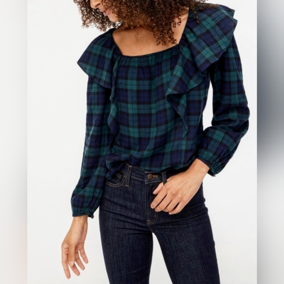 J. Crew Factory Flannel Square Neck Ruffle Holiday Festive Blouse Top sz M NWOT - Picture 1 of 11